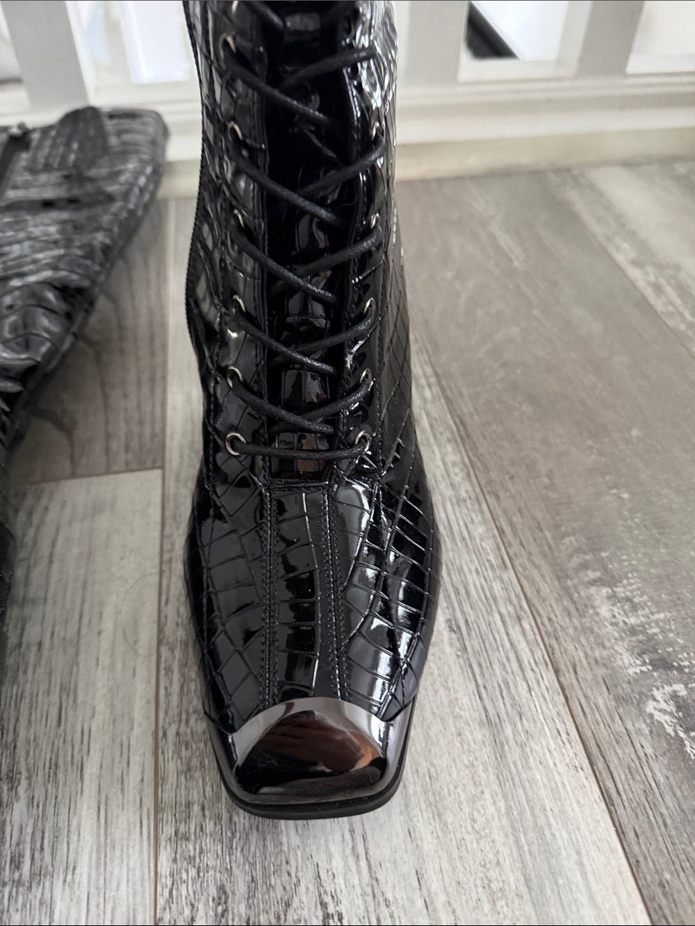 Black Croc-Embossed Lace-Up Over-the-Knee Boots - Picture 4 of 6